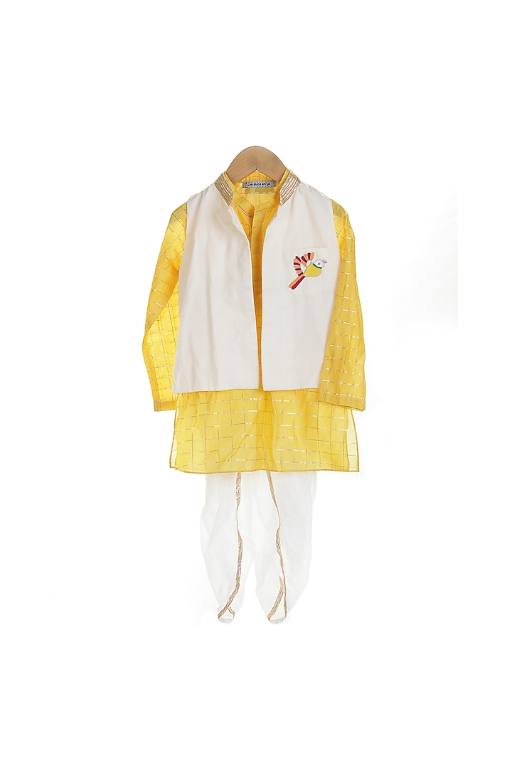 Yellow Kurta Set With Embroidered Jacket For Boys by Mi Dulce An'ya