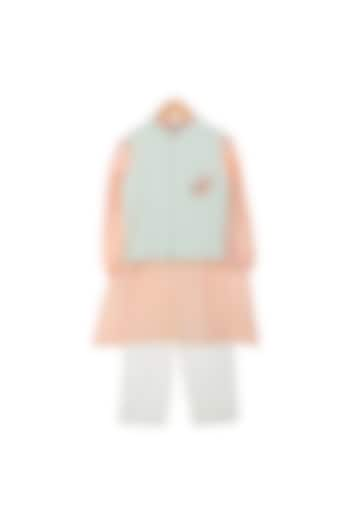 Peach Kurta Set With Embroidered Jacket For Boys by Mi Dulce An'ya at Pernia's Pop Up Shop