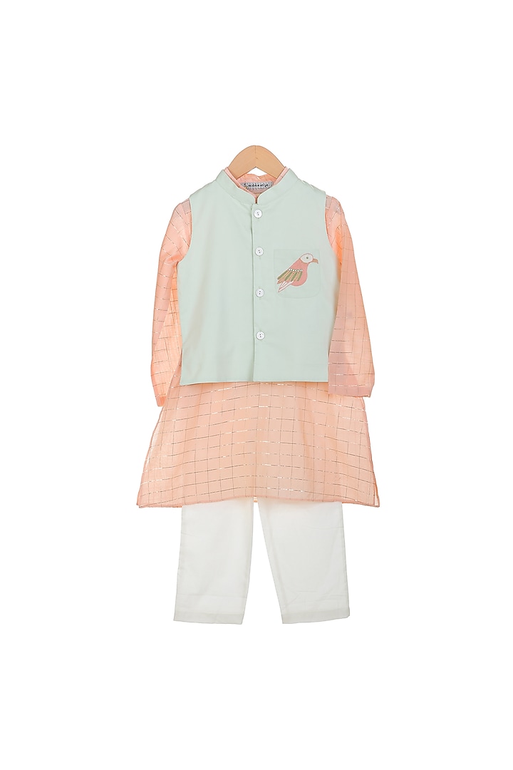 Peach Kurta Set With Embroidered Jacket For Boys by Mi Dulce An'ya at Pernia's Pop Up Shop