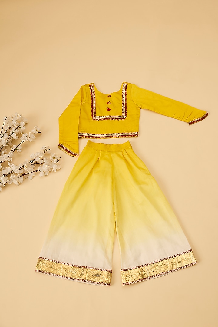 Yellow Organic Cotton & Handwoven Chanderi Palazzo Pant For Girls by Mi Dulce An'ya at Pernia's Pop Up Shop