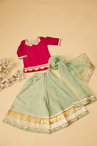 Sea Green Organic Cotton & Handwoven Chanderi Palazzo Pants Set For Girls by Mi Dulce An'ya