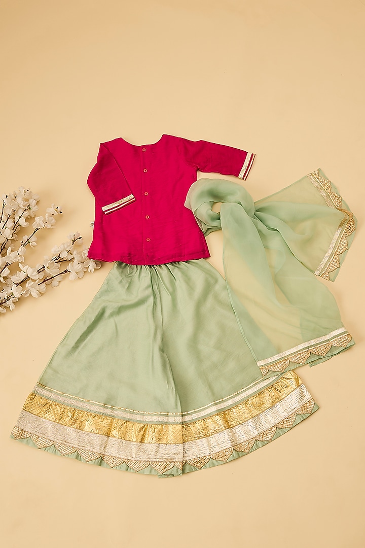 Sea Green Organic Cotton & Handwoven Chanderi Palazzo Pants Set For Girls by Mi Dulce An'ya at Pernia's Pop Up Shop
