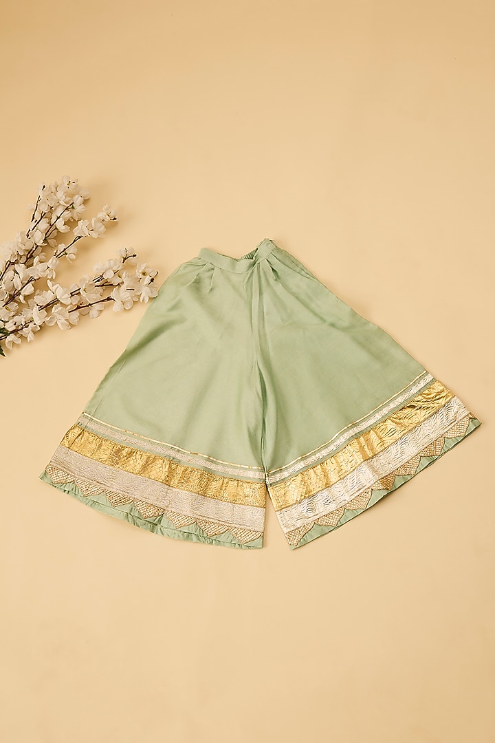 Sea Green Organic Cotton & Handwoven Chanderi Palazzo Pants Set For Girls by Mi Dulce An'ya at Pernia's Pop Up Shop