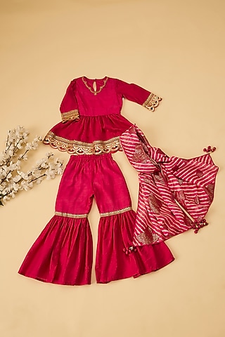 Fuchsia Organic Cotton & Handwoven Chanderi Sharara Set For Girls by Mi Dulce An'ya