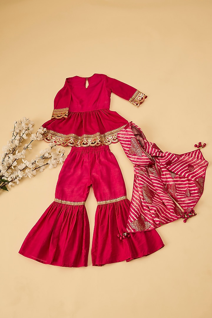 Fuchsia Organic Cotton & Handwoven Chanderi Sharara Set For Girls by Mi Dulce An'ya at Pernia's Pop Up Shop