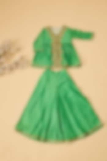 Green Organic Cotton & Handwoven Chanderi Palazzo Pant Set For Girls by Mi Dulce An'ya at Pernia's Pop Up Shop