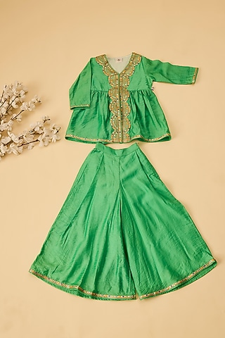 Green Organic Cotton & Handwoven Chanderi Palazzo Pant Set For Girls by Mi Dulce An'ya