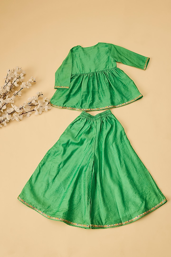 Green Organic Cotton & Handwoven Chanderi Palazzo Pant Set For Girls by Mi Dulce An'ya at Pernia's Pop Up Shop