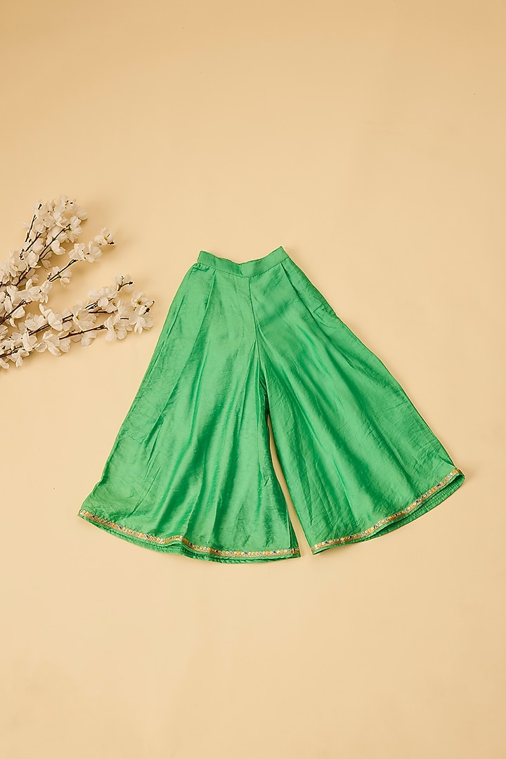 Green Organic Cotton & Handwoven Chanderi Palazzo Pant Set For Girls by Mi Dulce An'ya at Pernia's Pop Up Shop