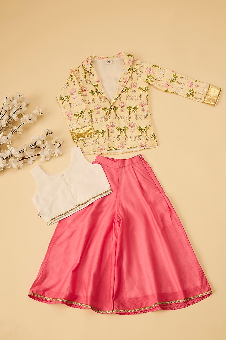 Lemon Yellow Organic Cotton Hand Embroidered & Printed Jacket Set For Girls by Mi Dulce An'ya at Pernia's Pop Up Shop