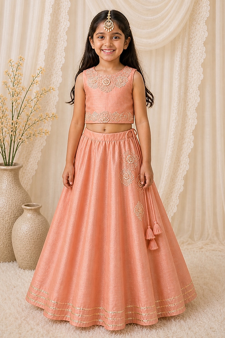 Peach Organic Cotton Floral Hand Embroidered Lehenga Set For Girls by Mi Dulce An'ya at Pernia's Pop Up Shop