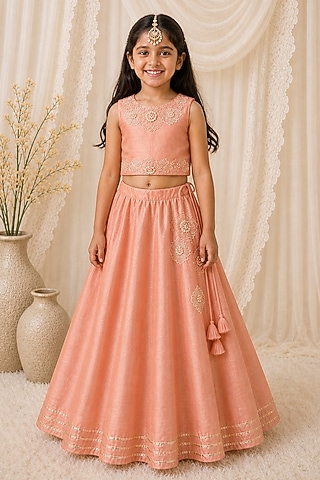 Peach Organic Cotton Floral Hand Embroidered Lehenga Set For Girls by Mi Dulce An'ya