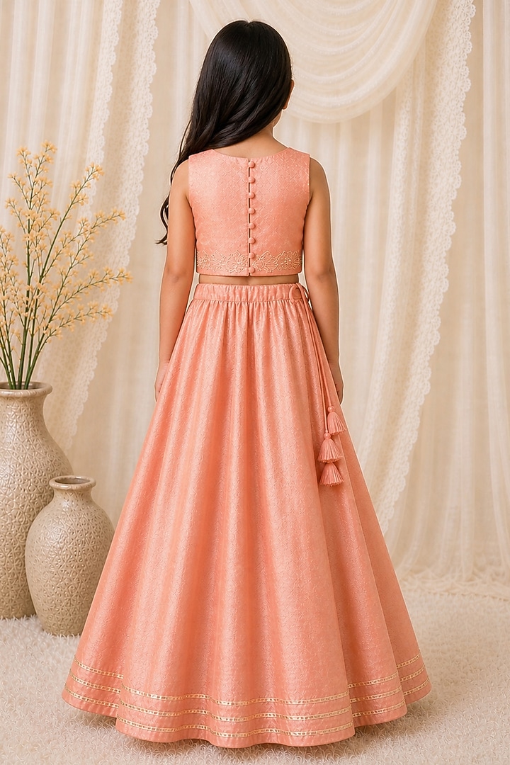 Peach Organic Cotton Floral Hand Embroidered Lehenga Set For Girls by Mi Dulce An'ya at Pernia's Pop Up Shop