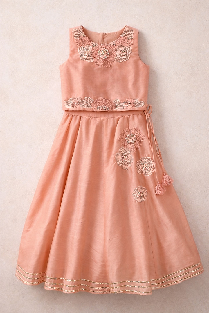 Peach Organic Cotton Floral Hand Embroidered Lehenga Set For Girls by Mi Dulce An'ya at Pernia's Pop Up Shop
