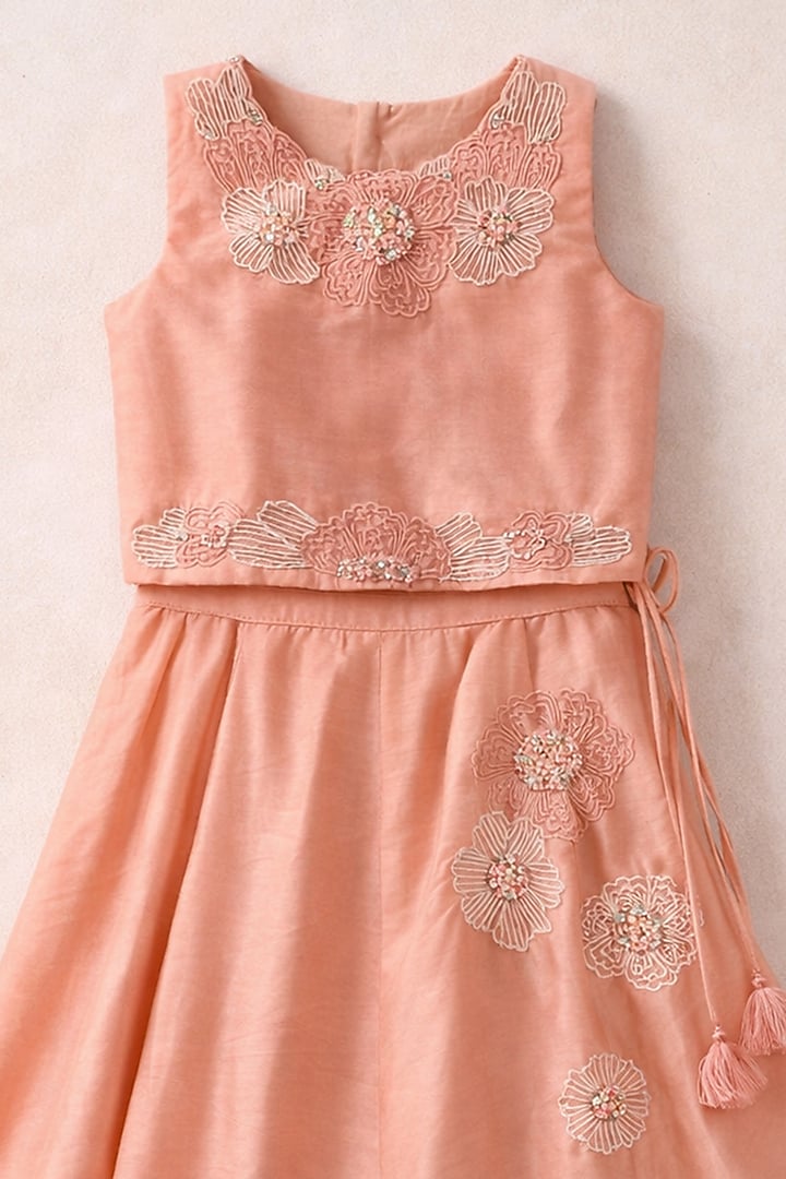 Peach Organic Cotton Floral Hand Embroidered Lehenga Set For Girls by Mi Dulce An'ya at Pernia's Pop Up Shop