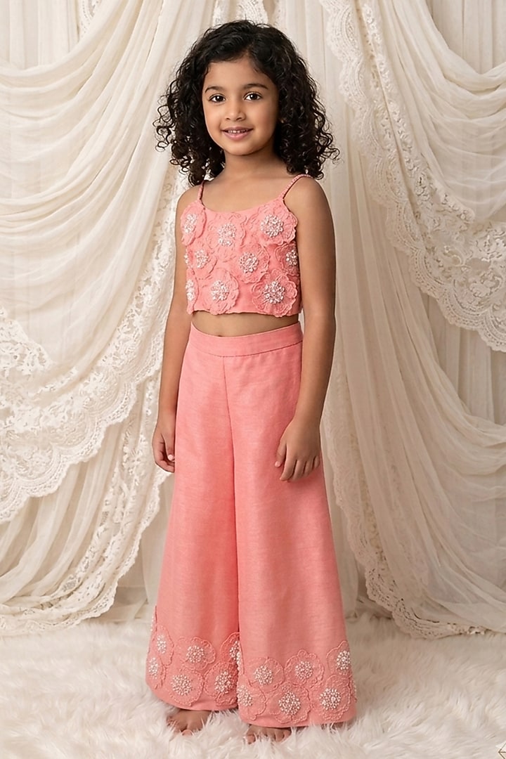Pink Handwoven Chanderi Floral Embroidered Palazzo Set For Girls by Mi Dulce An'ya at Pernia's Pop Up Shop