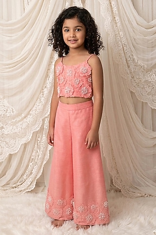 Pink Handwoven Chanderi Floral Embroidered Palazzo Set For Girls by Mi Dulce An'ya