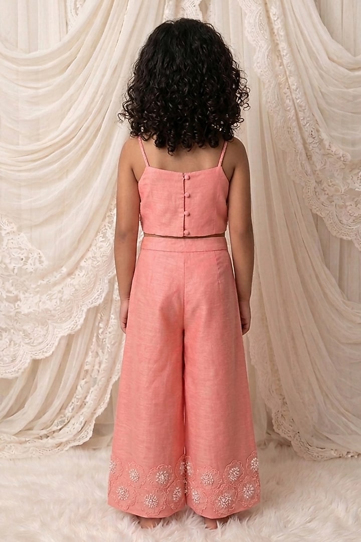 Pink Handwoven Chanderi Floral Embroidered Palazzo Set For Girls by Mi Dulce An'ya at Pernia's Pop Up Shop