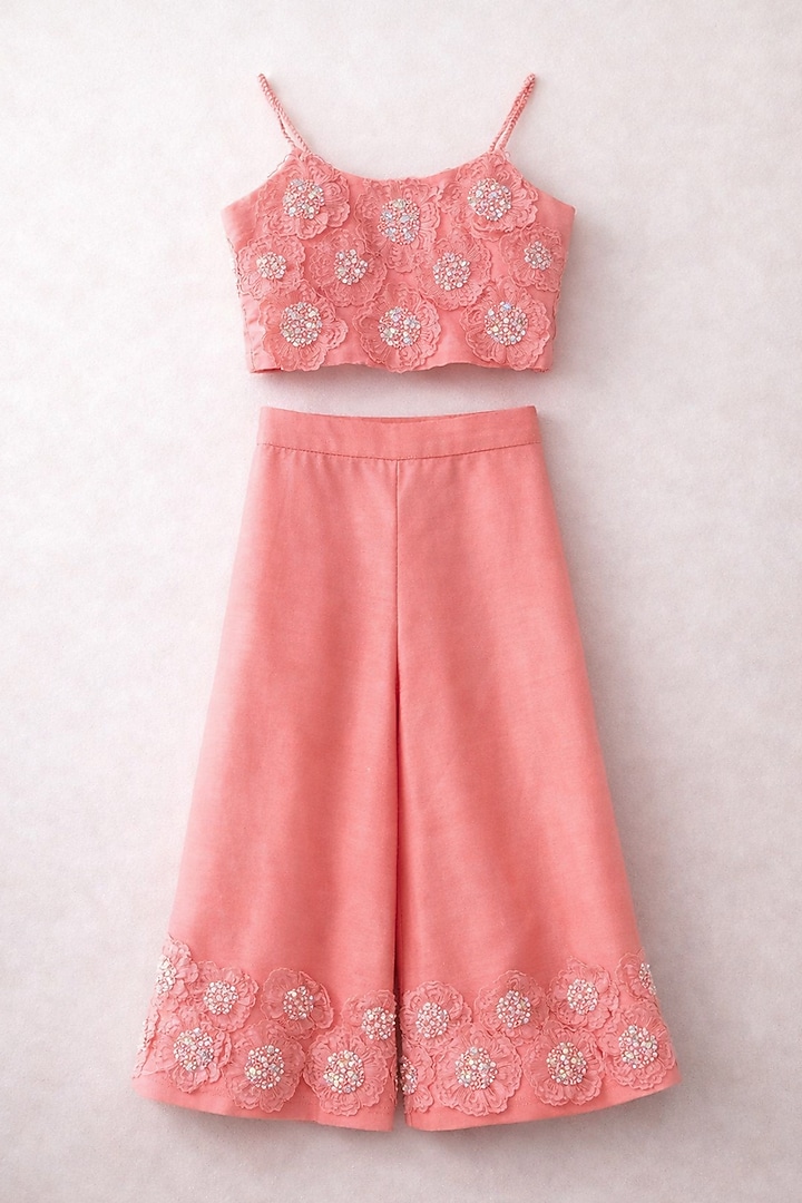 Pink Handwoven Chanderi Floral Embroidered Palazzo Set For Girls by Mi Dulce An'ya at Pernia's Pop Up Shop