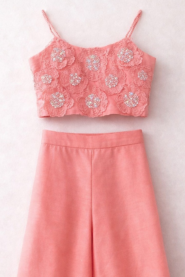 Pink Handwoven Chanderi Floral Embroidered Palazzo Set For Girls by Mi Dulce An'ya at Pernia's Pop Up Shop