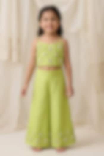 Lime Handwoven Chanderi Floral Embroidered Palazzo Set For Girls by Mi Dulce An'ya at Pernia's Pop Up Shop