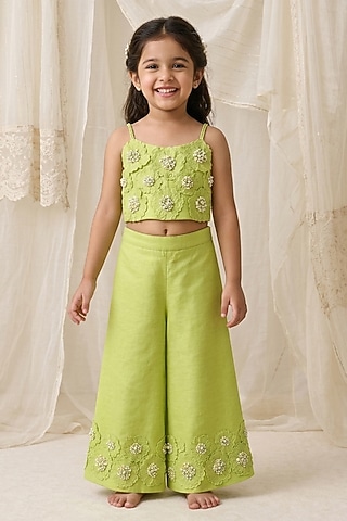 Lime Handwoven Chanderi Floral Embroidered Palazzo Set For Girls by Mi Dulce An'ya