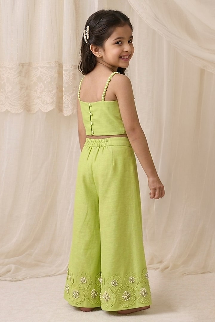 Lime Handwoven Chanderi Floral Embroidered Palazzo Set For Girls by Mi Dulce An'ya at Pernia's Pop Up Shop