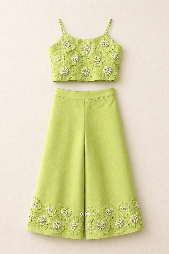 Lime Handwoven Chanderi Floral Embroidered Palazzo Set For Girls by Mi Dulce An'ya at Pernia's Pop Up Shop