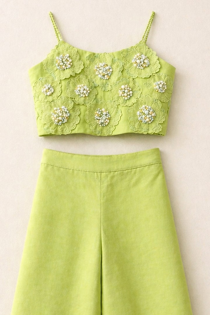 Lime Handwoven Chanderi Floral Embroidered Palazzo Set For Girls by Mi Dulce An'ya at Pernia's Pop Up Shop