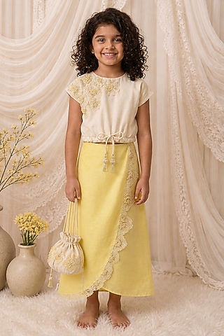 Lemon Yellow Organic Cotton Embroidered Tie-Up Style Skirt Set For Girls by Mi Dulce An'ya