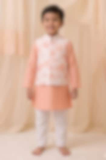 Peach Handwoven Chanderi Printed Nehru Jacket Set For Boys by Mi Dulce An'ya at Pernia's Pop Up Shop