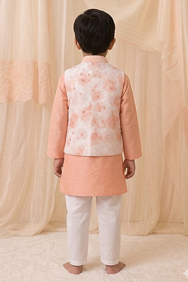 Peach Handwoven Chanderi Printed Nehru Jacket Set For Boys by Mi Dulce An'ya at Pernia's Pop Up Shop