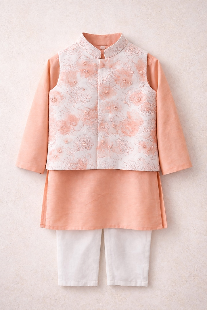 Peach Handwoven Chanderi Printed Nehru Jacket Set For Boys by Mi Dulce An'ya at Pernia's Pop Up Shop