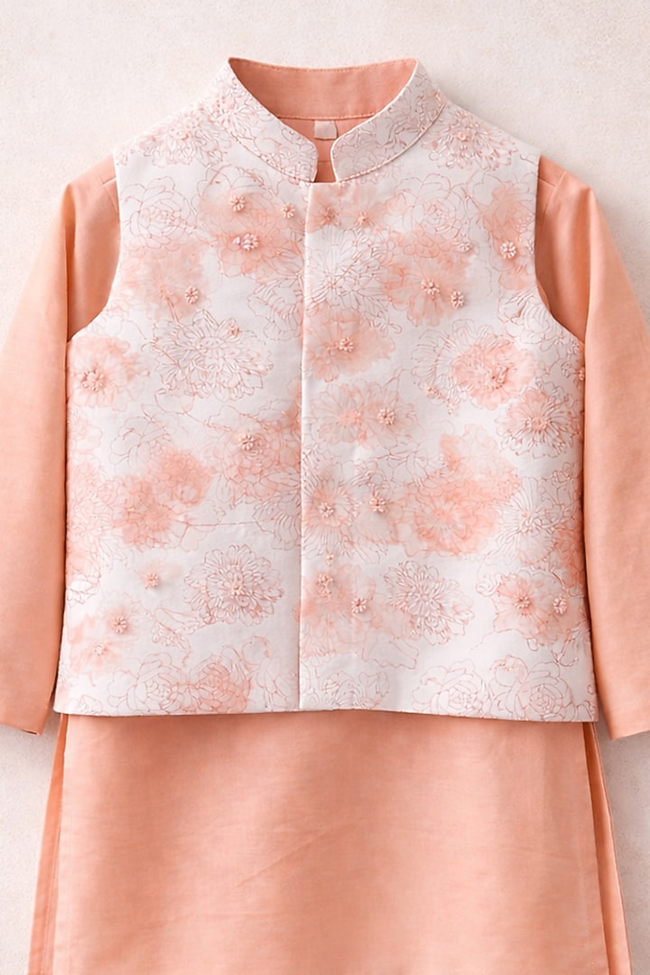 Peach Handwoven Chanderi Printed Nehru Jacket Set For Boys by Mi Dulce An'ya at Pernia's Pop Up Shop
