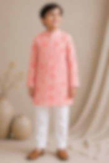 Pink Handwoven Chanderi Printed Kurta Set For Boys by Mi Dulce An'ya at Pernia's Pop Up Shop
