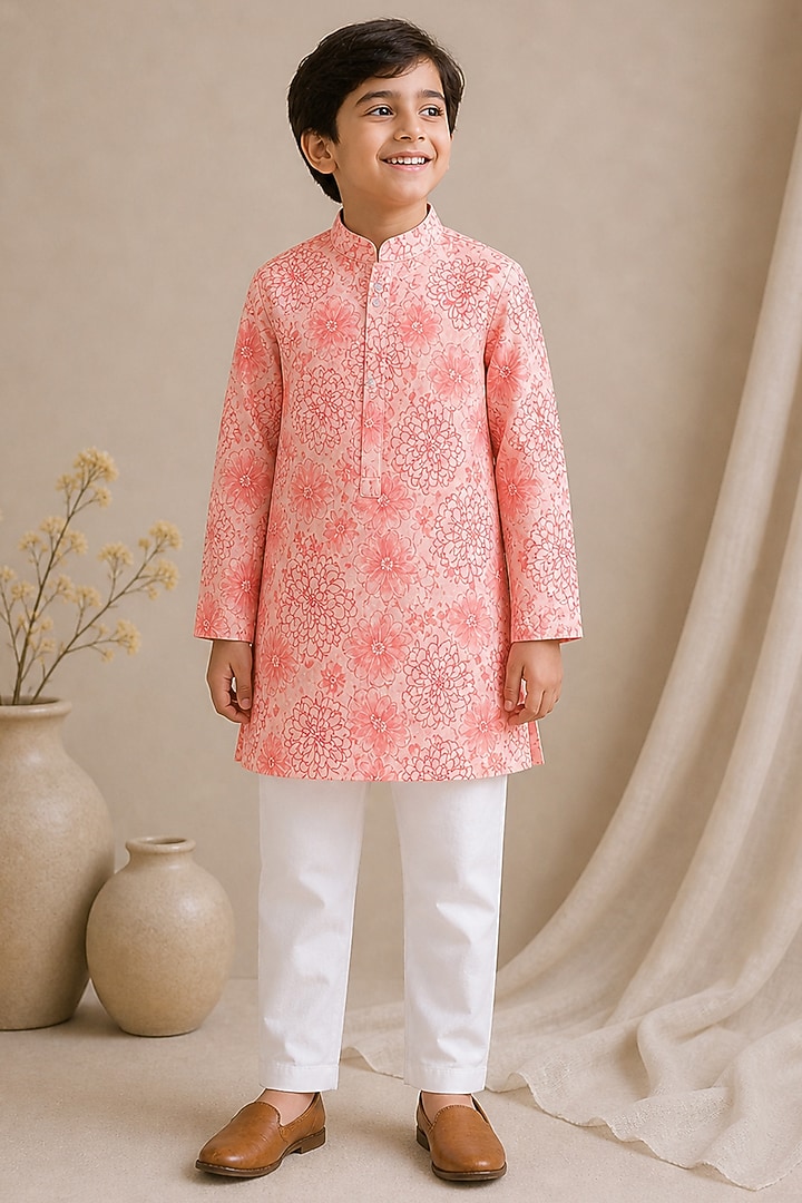 Pink Handwoven Chanderi Printed Kurta Set For Boys by Mi Dulce An'ya at Pernia's Pop Up Shop