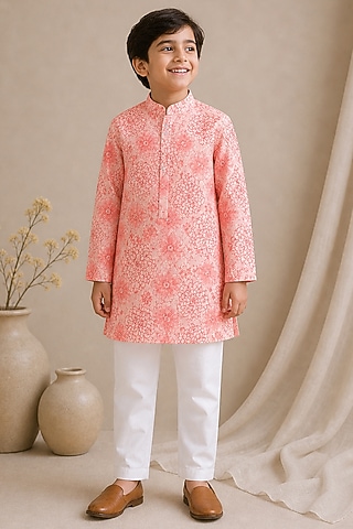 Pink Handwoven Chanderi Printed Kurta Set For Boys by Mi Dulce An'ya