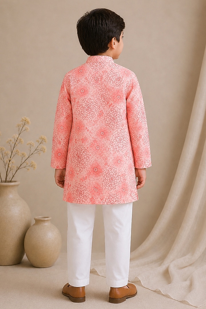 Pink Handwoven Chanderi Printed Kurta Set For Boys by Mi Dulce An'ya at Pernia's Pop Up Shop