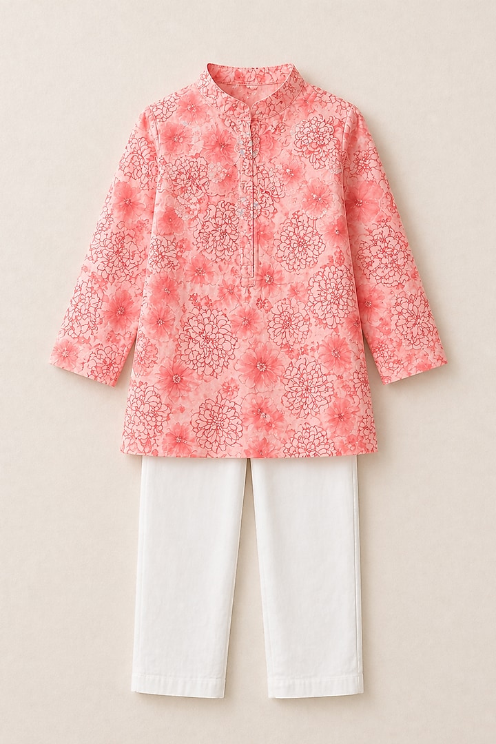Pink Handwoven Chanderi Printed Kurta Set For Boys by Mi Dulce An'ya at Pernia's Pop Up Shop