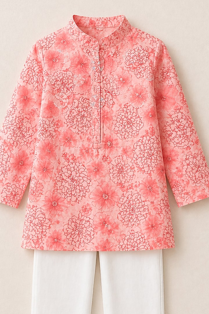 Pink Handwoven Chanderi Printed Kurta Set For Boys by Mi Dulce An'ya at Pernia's Pop Up Shop