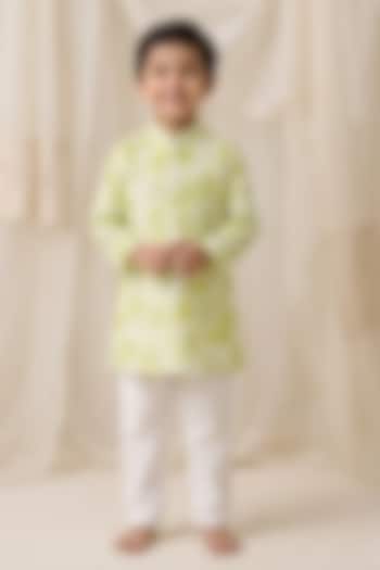 Lime Handwoven Chanderi Printed Kurta Set For Boys by Mi Dulce An'ya at Pernia's Pop Up Shop