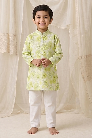 Lime Handwoven Chanderi Printed Kurta Set For Boys by Mi Dulce An'ya