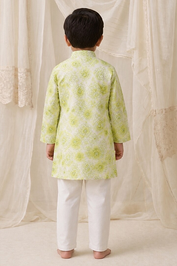 Lime Handwoven Chanderi Printed Kurta Set For Boys by Mi Dulce An'ya at Pernia's Pop Up Shop