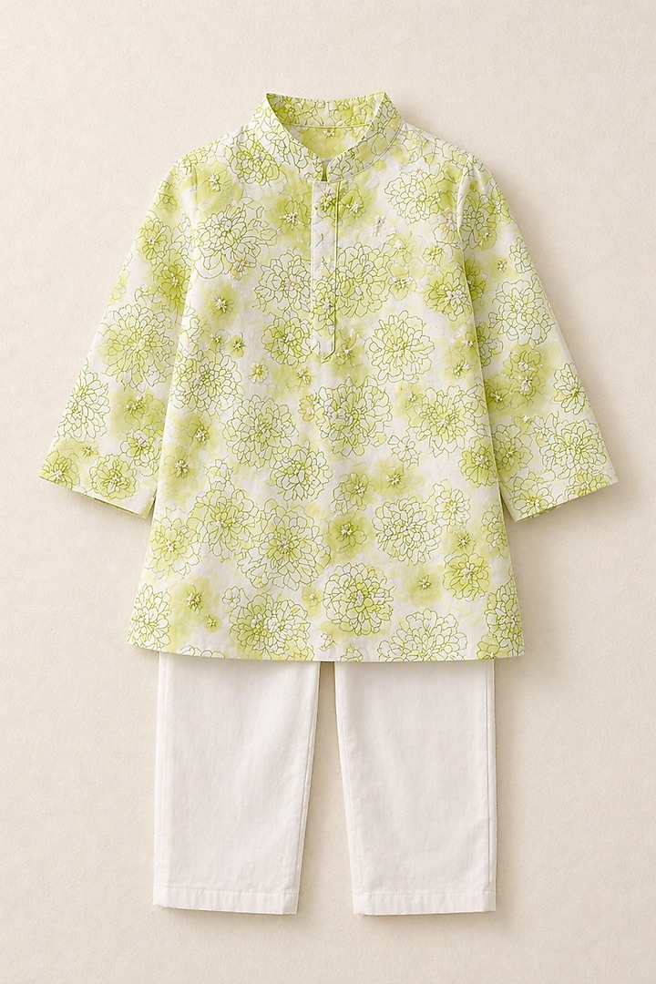 Lime Handwoven Chanderi Printed Kurta Set For Boys by Mi Dulce An'ya at Pernia's Pop Up Shop
