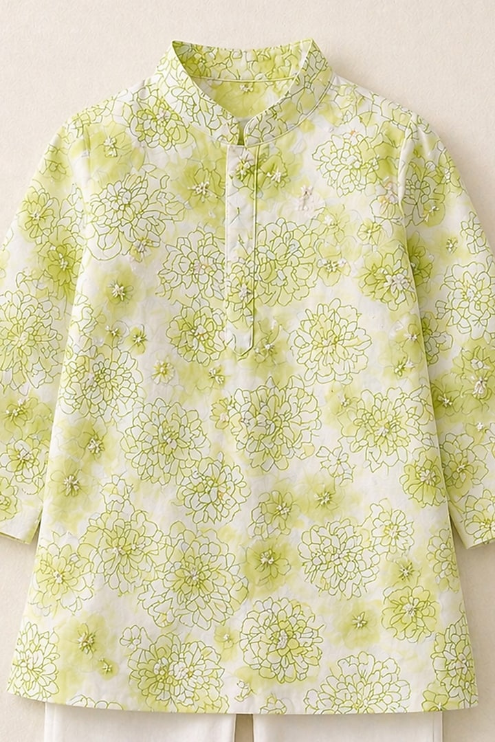 Lime Handwoven Chanderi Printed Kurta Set For Boys by Mi Dulce An'ya at Pernia's Pop Up Shop