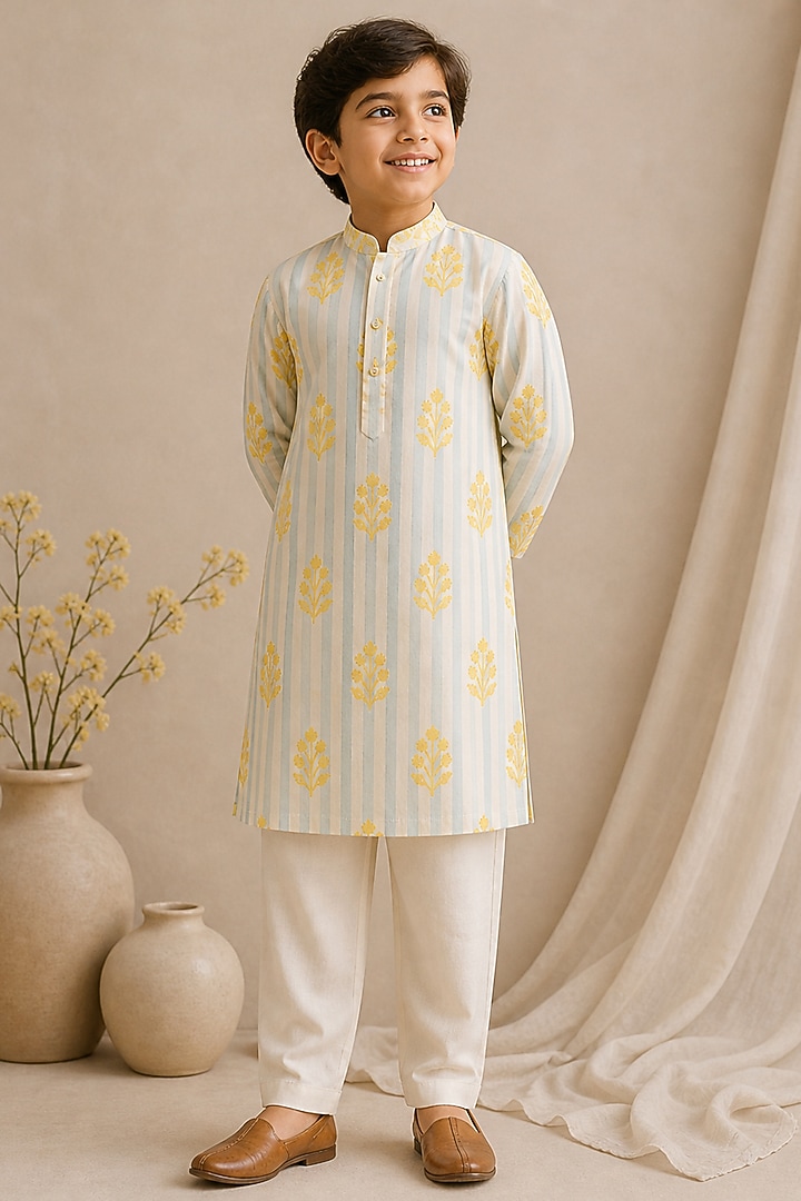 Yellow Handwoven Chanderi Printed Kurta Set For Boys by Mi Dulce An'ya at Pernia's Pop Up Shop