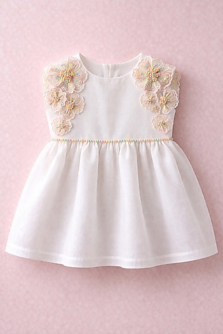 Ivory Handwoven Chanderi Sequins Embellished Dress For Girls by Mi Dulce An'ya