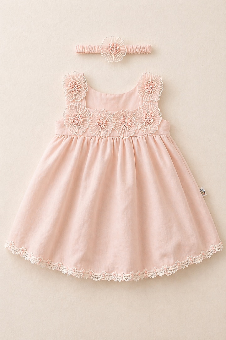Peach Handwoven Chanderi Sequins Embellished Dress For Girls by Mi Dulce An'ya at Pernia's Pop Up Shop