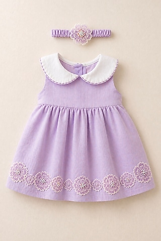 Lilac Handwoven Chanderi Sequins Embellished Dress For Girls by Mi Dulce An'ya