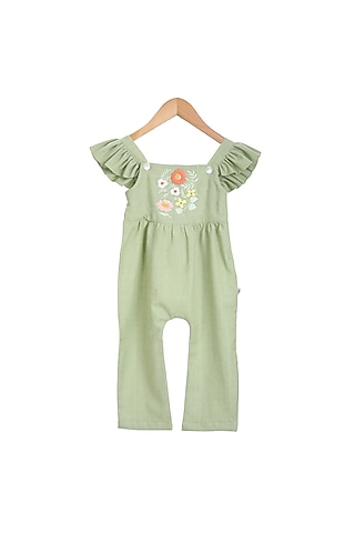 Mint Hand Embroidered Ruffled Jumpsuit For Girls by Mi Dulce An'ya